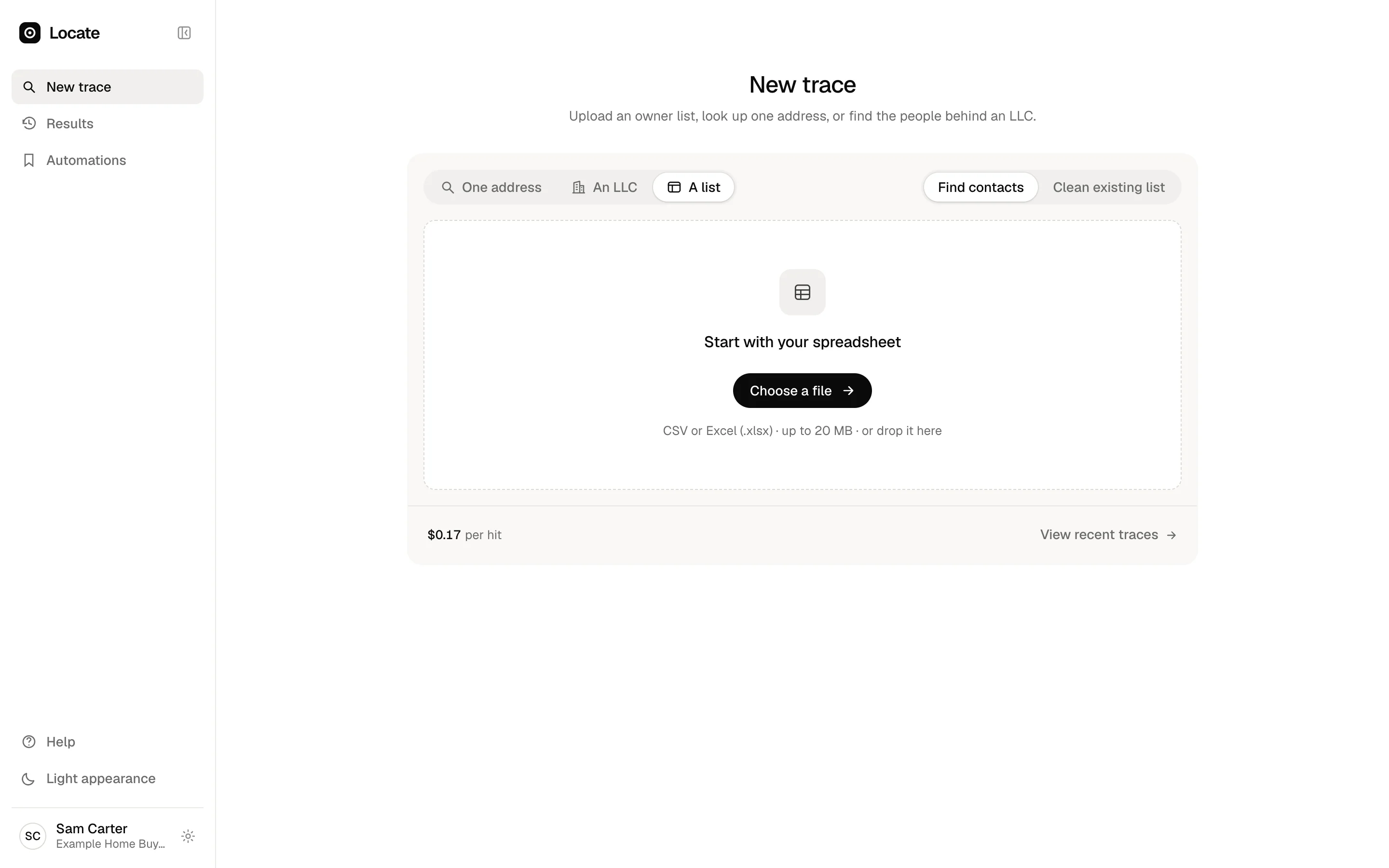 Locate’s upload screen: a drop area for a CSV or Excel list, a choice between finding contacts and cleaning a list you already have, and the price per qualifying result.