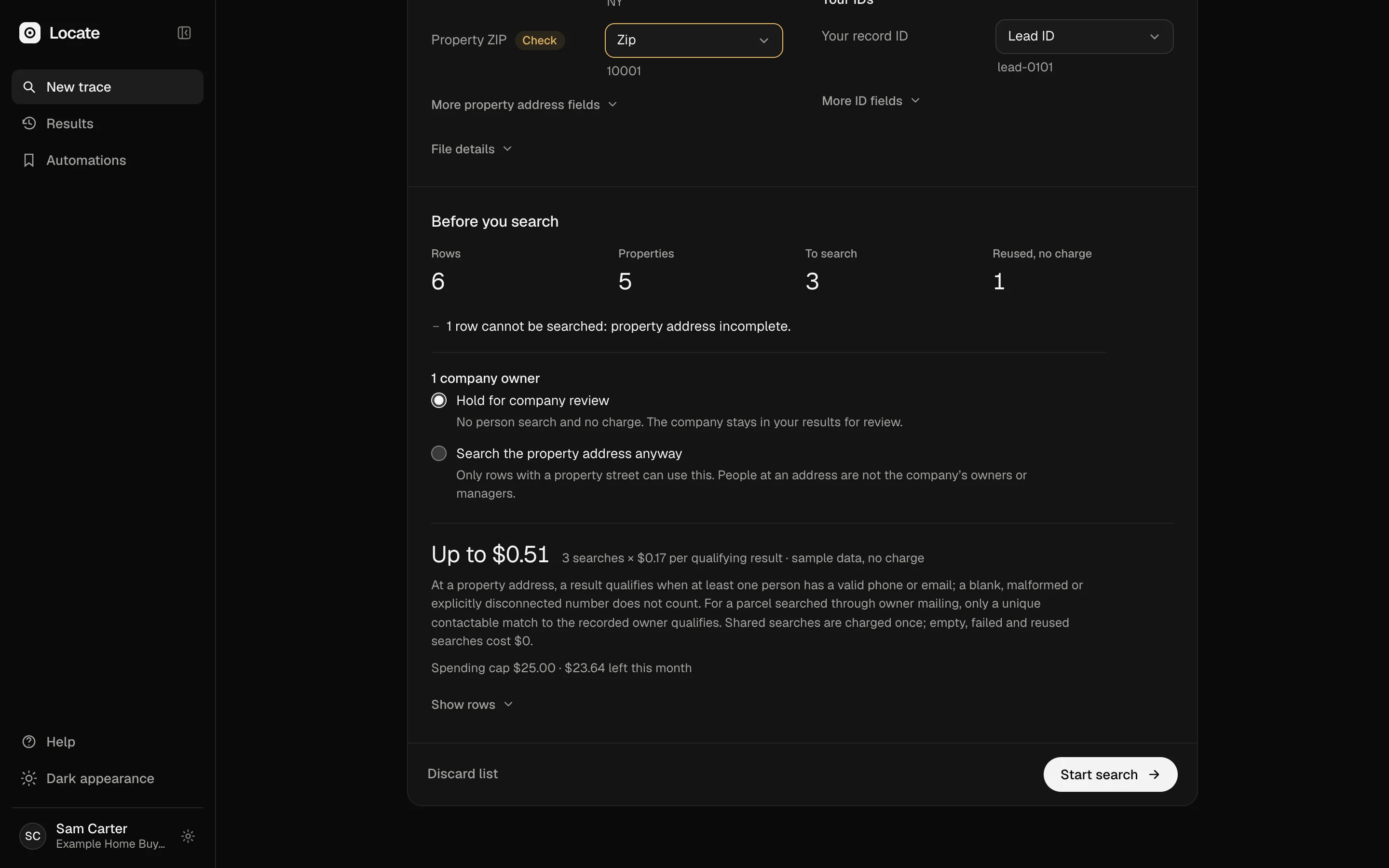 The check before searching: how many properties will be searched, which rows are set aside and why, and the most the search can cost.