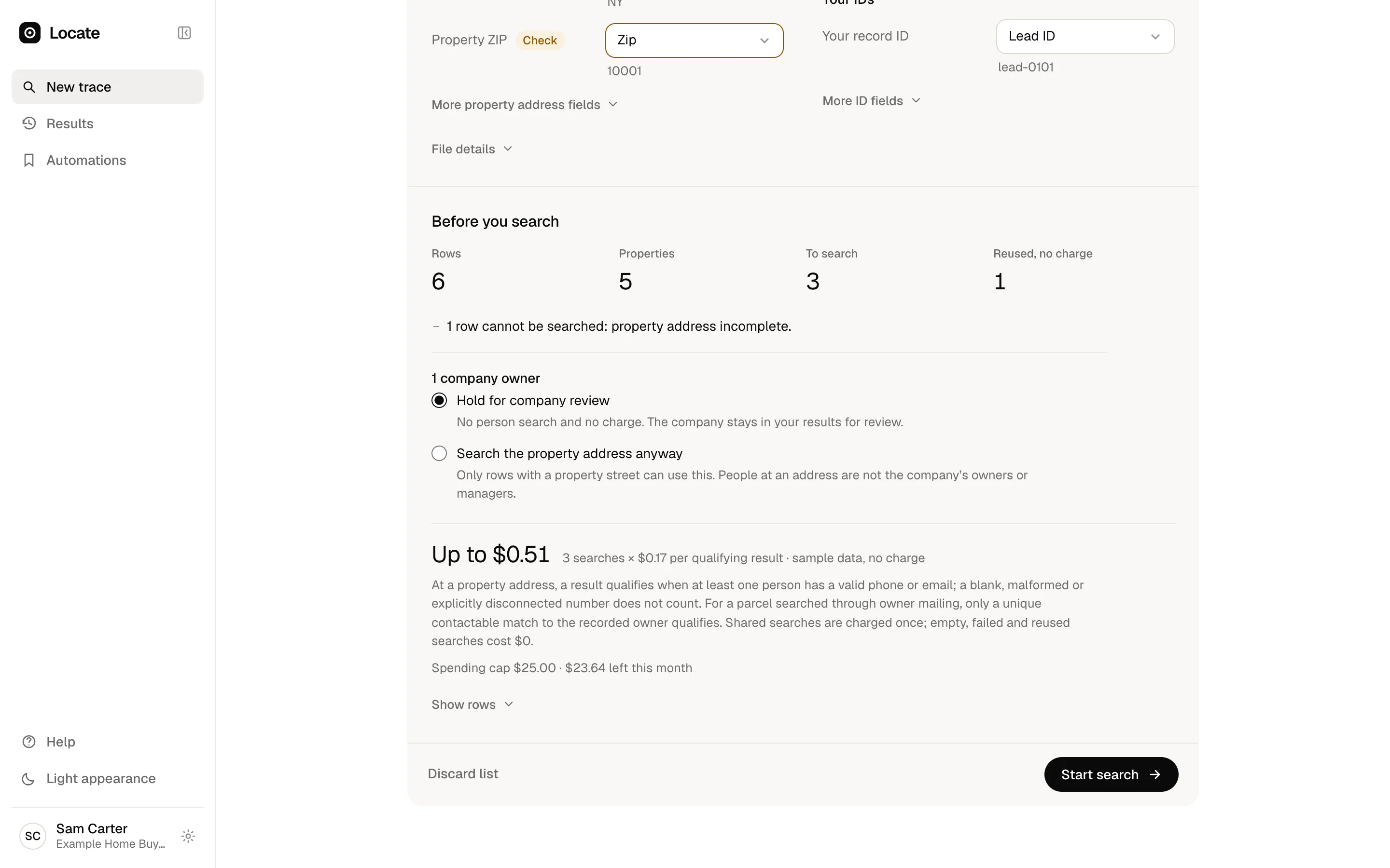 The check before searching: how many properties will be searched, which rows are set aside and why, and the most the search can cost.