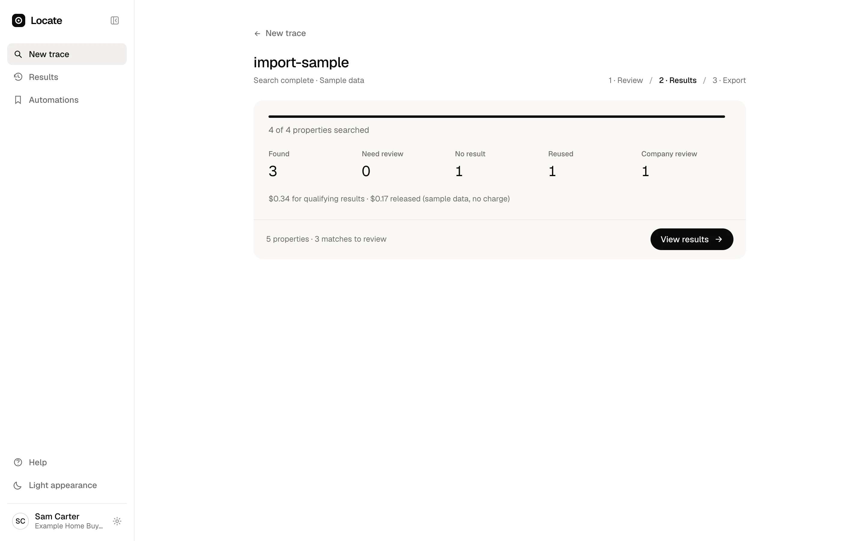 A finished search with its ledger: searches run, results reused and the amount for qualifying results.
