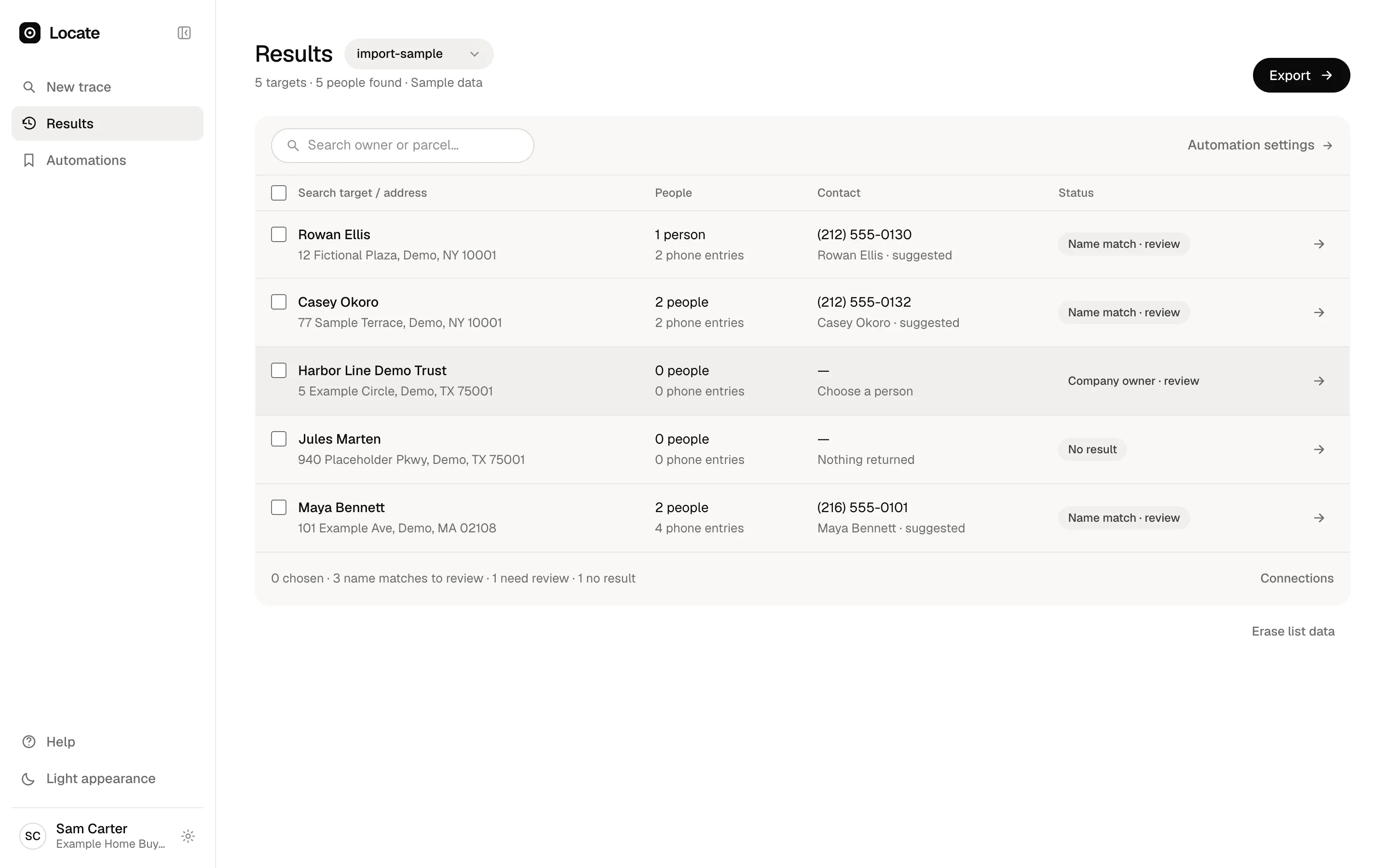 The results table for the sample list, with a status for every address such as name match, company owner or not traced.