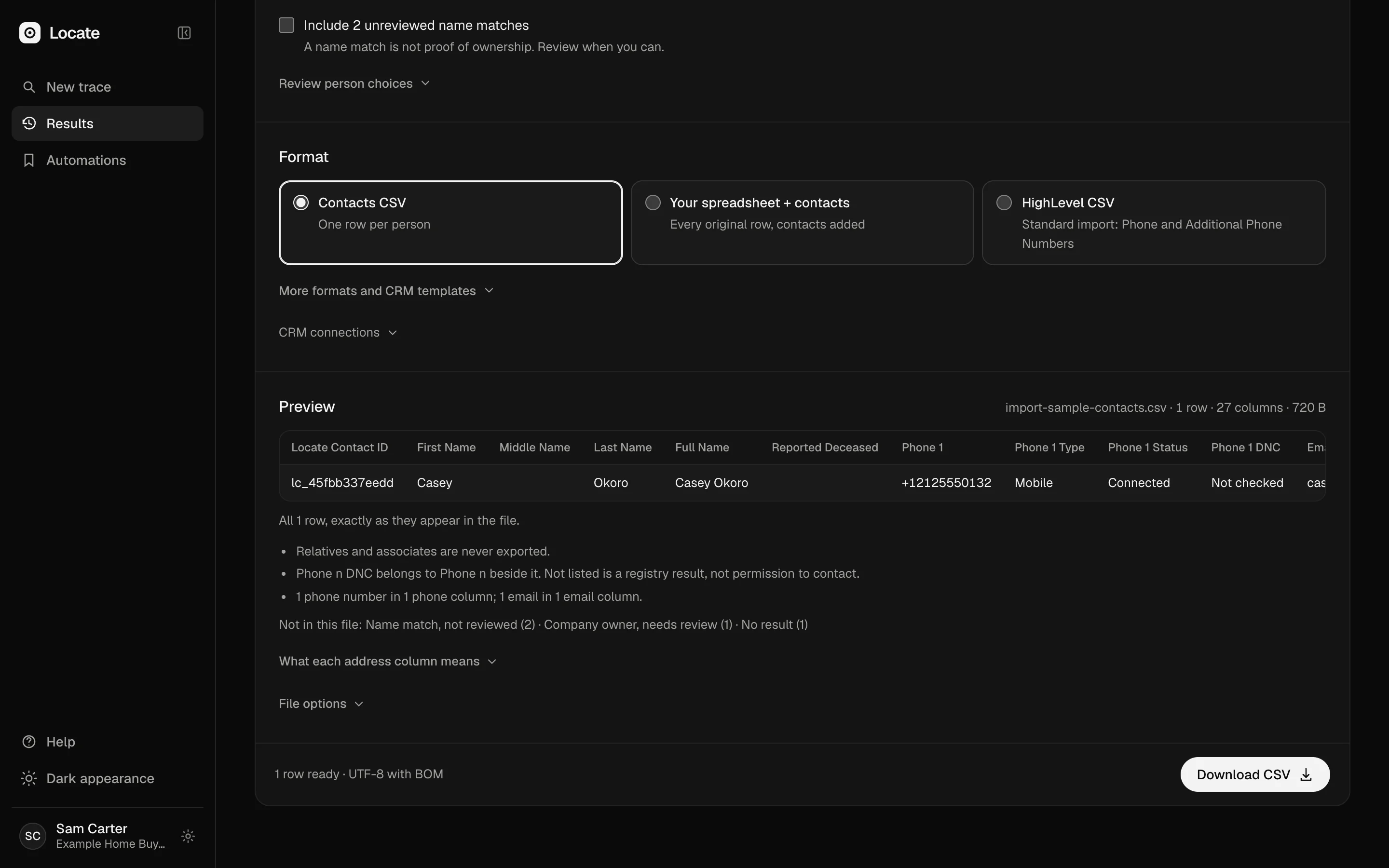The export preview: the exact header row and first rows of the file, with its name, row count, column count and size.